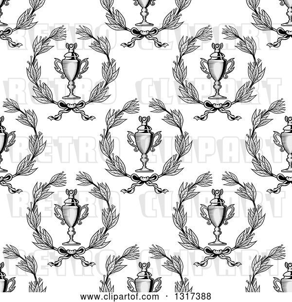 Vector Clip Art of Retro Seamless Background Pattern of Grayscale Laurel Wreaths and Trophies