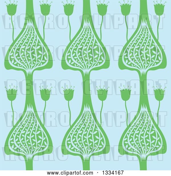 Vector Clip Art of Retro Seamless Background Pattern of Green Flowers on Blue