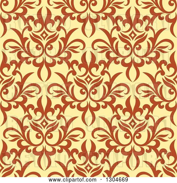 Vector Clip Art of Retro Seamless Background Pattern of Orange Floral over Yellow