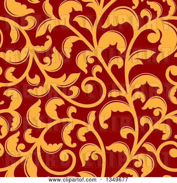 Vector Clip Art of Retro Seamless Background Pattern of Orange Floral Scrolls on Red 2