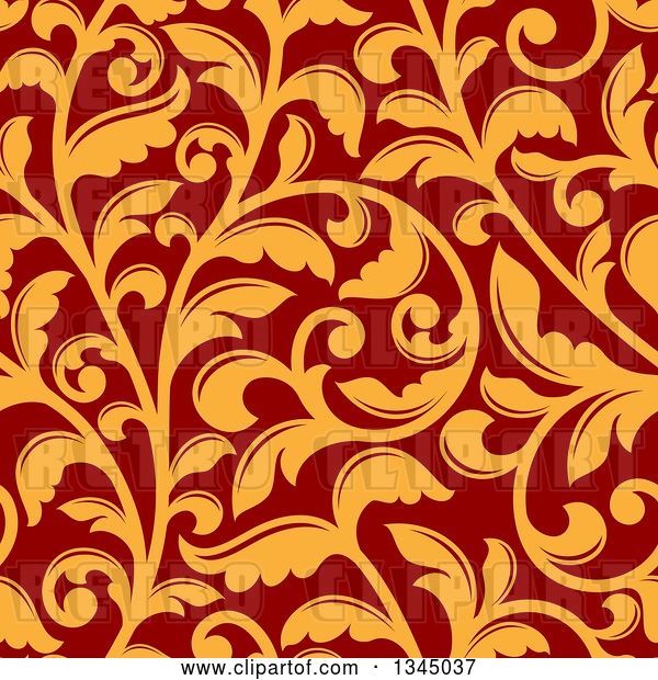 Vector Clip Art of Retro Seamless Background Pattern of Orange Floral Scrolls on Red