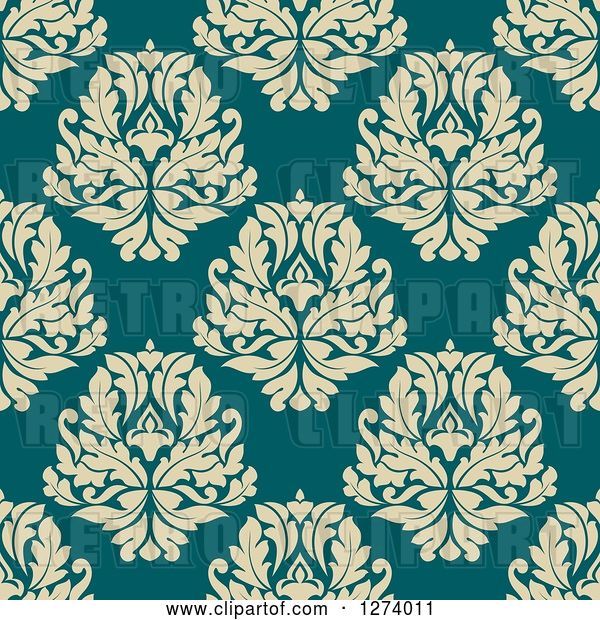 Vector Clip Art of Retro Seamless Background Pattern of Tan Damask Floral on Blue