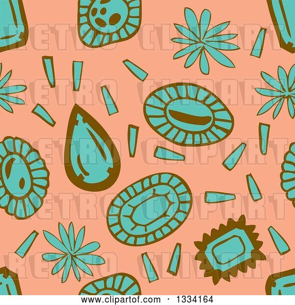 Vector Clip Art of Retro Seamless Background Pattern of Turquoise and Brown Flowers and Gems over Salmon Pink