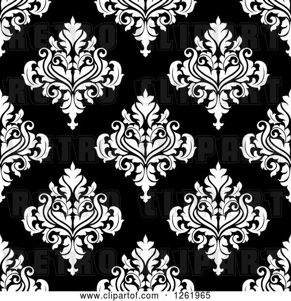 Vector Clip Art of Retro Seamless Background Pattern of White Damask Floral on Black