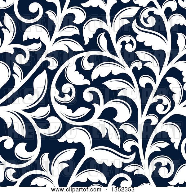 Vector Clip Art of Retro Seamless Background Pattern of White Floral Scrolls on Dark Blue