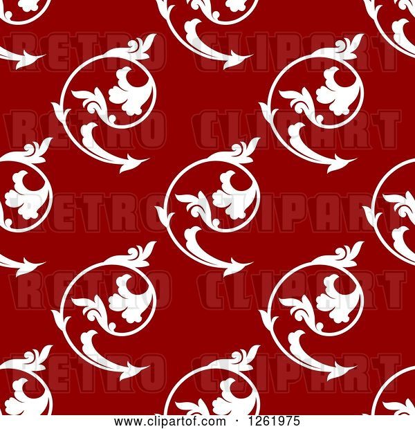 Vector Clip Art of Retro Seamless Background Pattern of White Floral Swirls on Red