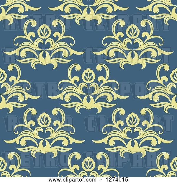 Vector Clip Art of Retro Seamless Background Pattern of Yellow Damask Floral on Blue