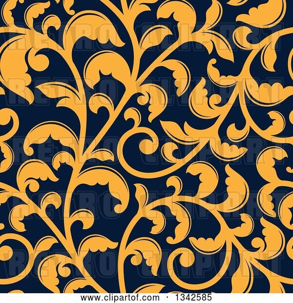 Vector Clip Art of Retro Seamless Background Pattern of Yellow Floral Scrolls on Navy Blue 2