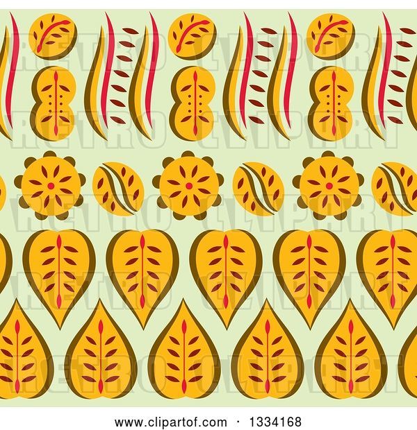 Vector Clip Art of Retro Seamless Background Pattern of Yellow Leaves and Flowers over Pastel Green