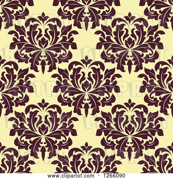 Vector Clip Art of Retro Seamless Pattern Background of Brown Floral Damask on Yellow