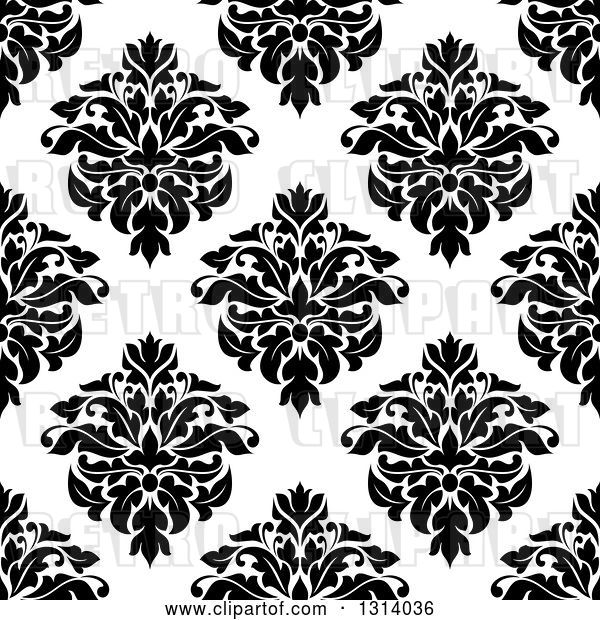 Vector Clip Art of Retro Seamless Pattern Background of Damask in Black on White 3