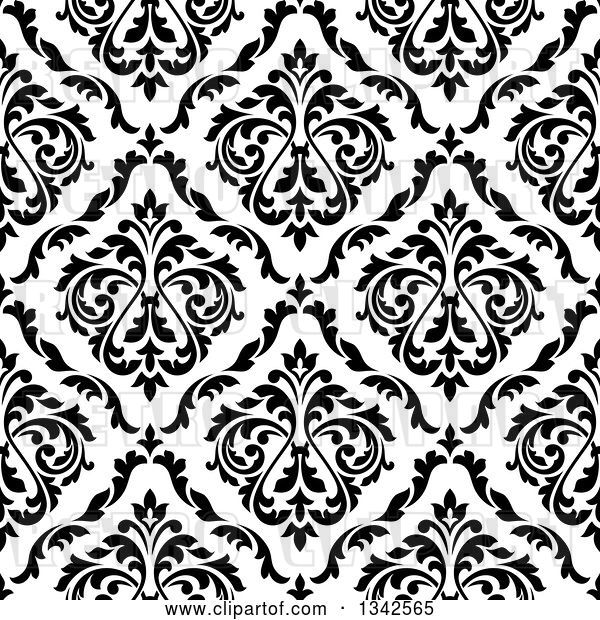 Vector Clip Art of Retro Seamless Pattern Background of Damask in Black on White 4