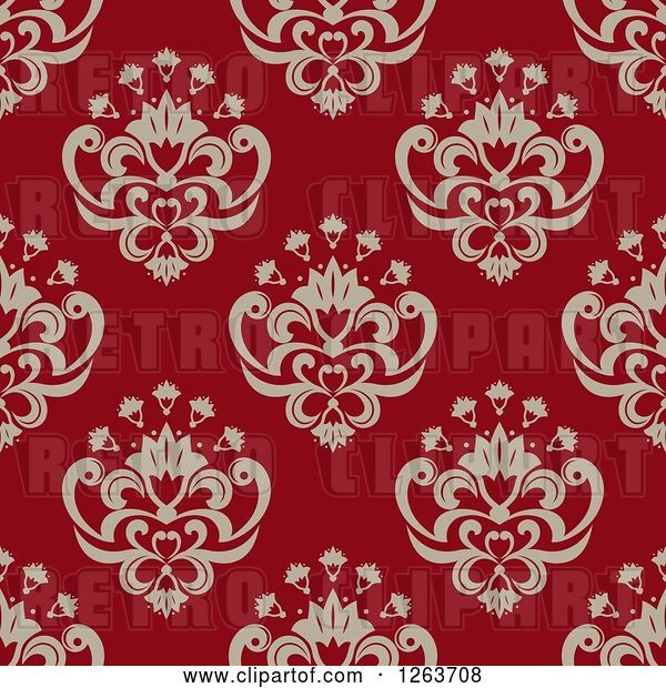Vector Clip Art of Retro Seamless Pattern Background of Floral Damask on Red