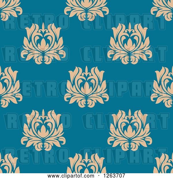 Vector Clip Art of Retro Seamless Pattern Background of Tan Floral Damask on Blue