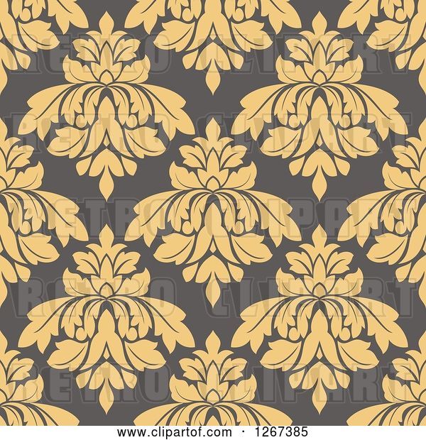 Vector Clip Art of Retro Seamless Pattern Background of Tan Floral Damask on Taupe