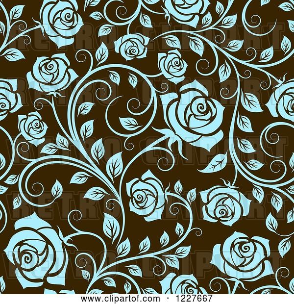 Vector Clip Art of Retro Seamless Pattern of Blue Roses on Brown