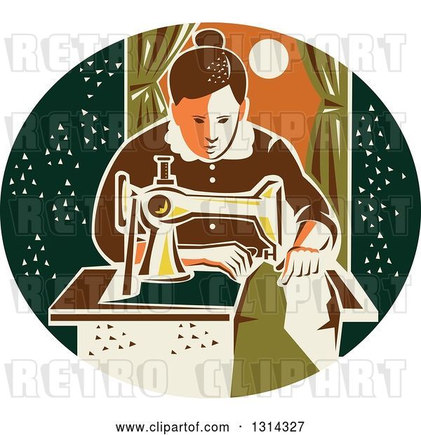 Vector Clip Art of Retro Seamstress Lady Sewing with a Machine by a Window in a Dark Green Oval