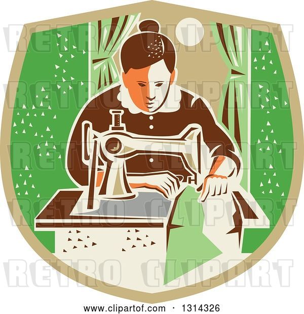 Vector Clip Art of Retro Seamstress Lady Sewing with a Machine by a Window in a Tan and Green Shield