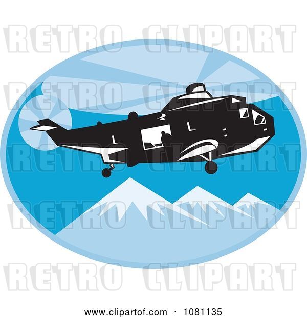 Vector Clip Art of Retro Search and Rescue Helicopter over Mountains