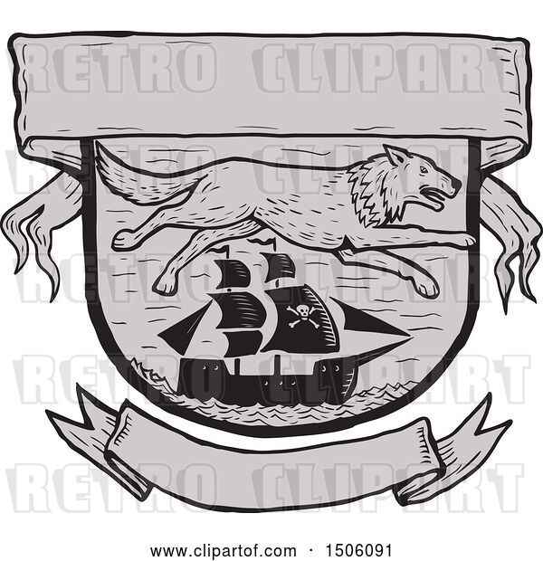 Vector Clip Art of Retro Seawolf over a Pirate Ship in a Shield with Banners