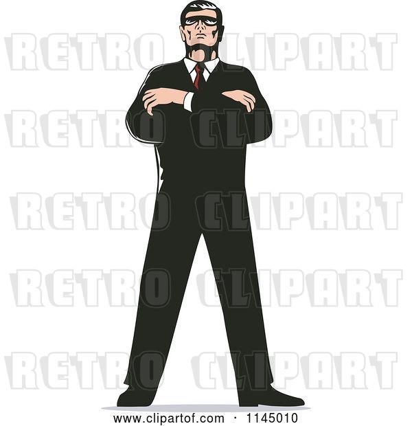 Vector Clip Art of Retro Secret Agent Standing with Folded Arms