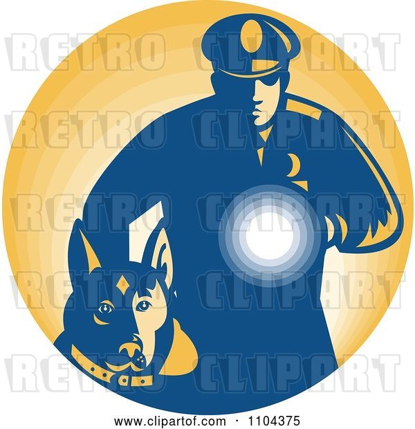 Vector Clip Art of Retro Security Guard with a Dog and Flashlight over Orange