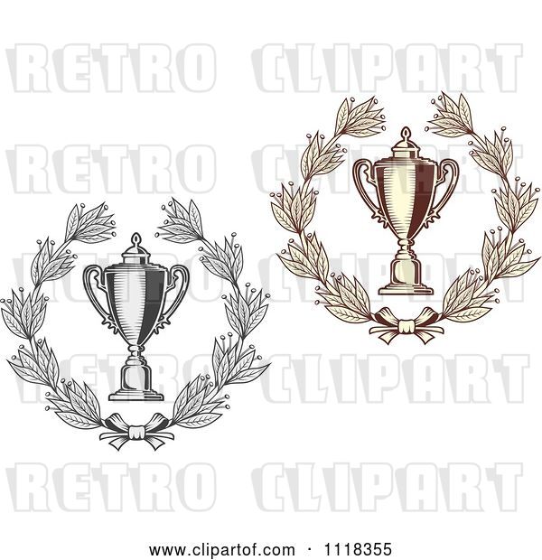 Vector Clip Art of Retro Sepia and Grayscale Wreaths and Trophy Cups 2