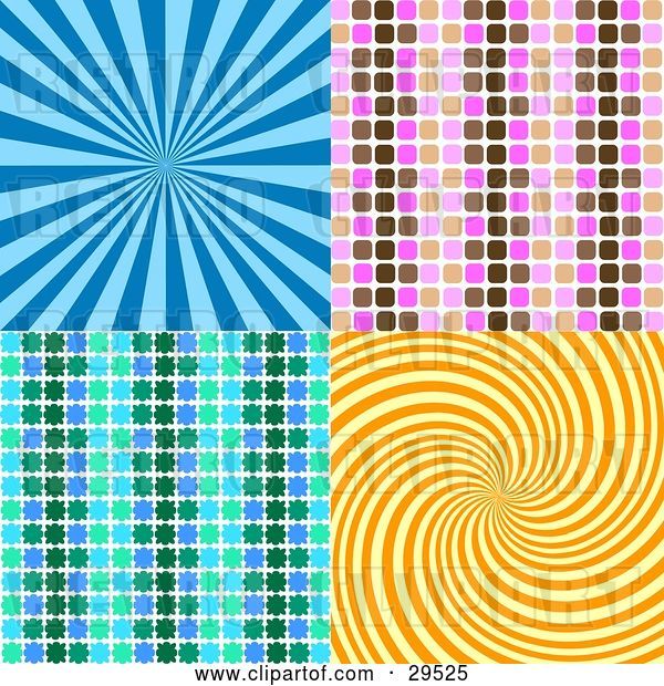 Vector Clip Art of Retro Set of Blue, Pink, Brown, Green and Orange Backgrounds of Bursts, Patterns and Swirls