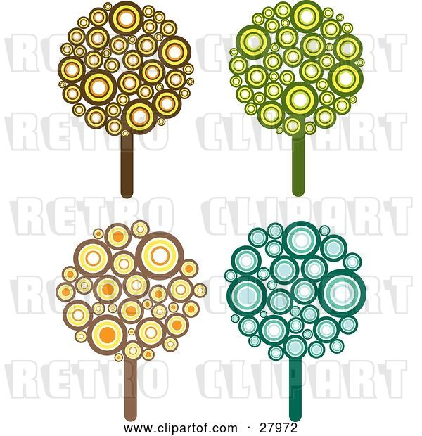 Vector Clip Art of Retro Set of Four Styled Trees Made of Brown, Yellow, Orange, Green and Blue Circles