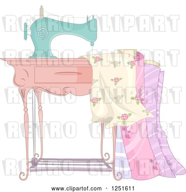 Vector Clip Art of Retro Sewing Machine with Fabric