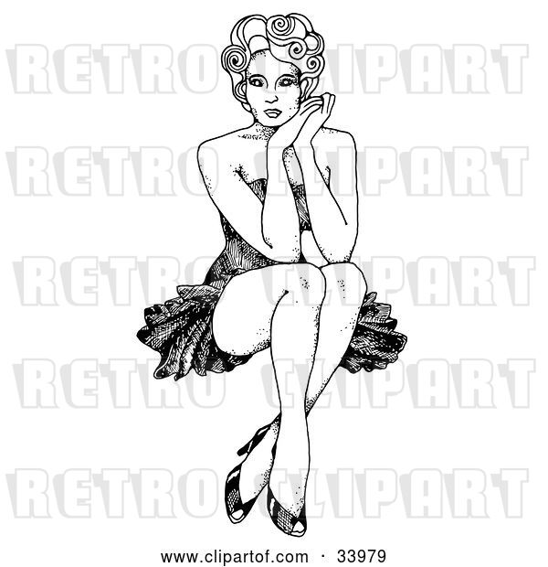 Vector Clip Art of Retro Sexy 1940’s Inspired Pinup Girl with Curly Hair, Seated with Her Ankles Crossed, Resting Her Face Against Her Hands