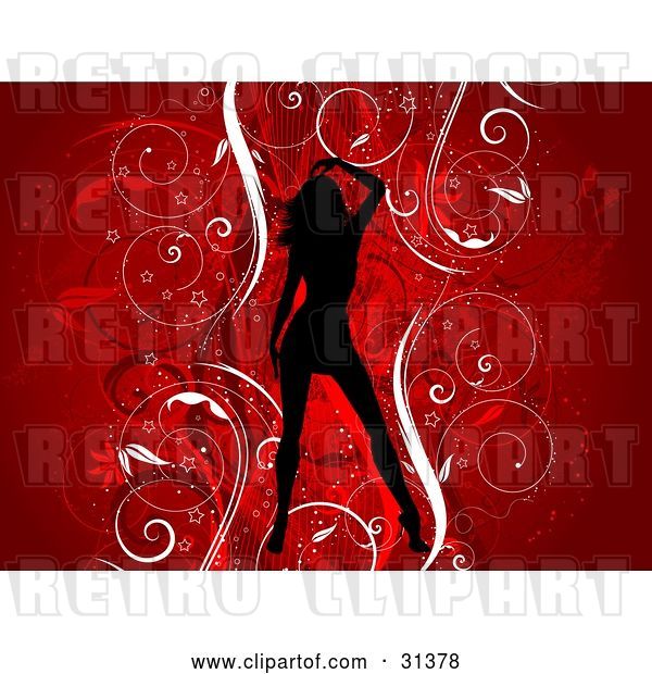 Vector Clip Art of Retro Sexy Black Silhouetted Lady over a Floral Grunge Background of Vines on Red