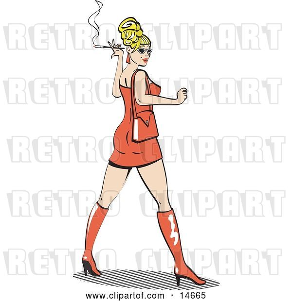 Vector Clip Art of Retro Sexy Blond Bombshell Lady Wearing a Tight Orange Dress Looking Back and Smoking a Cigarette Clipart Illustration