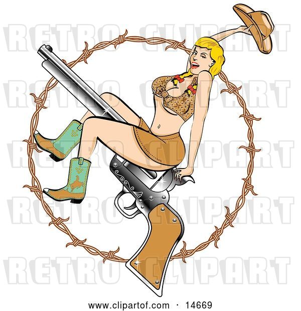 Vector Clip Art of Retro Sexy Blond Lady in a Short Halter Top and Short Mini Skirt, Wearing Cowboy Boots and Holding up Her Hat While Riding a Pistil, Surrounded by Barbed Wire Clipart Illustration