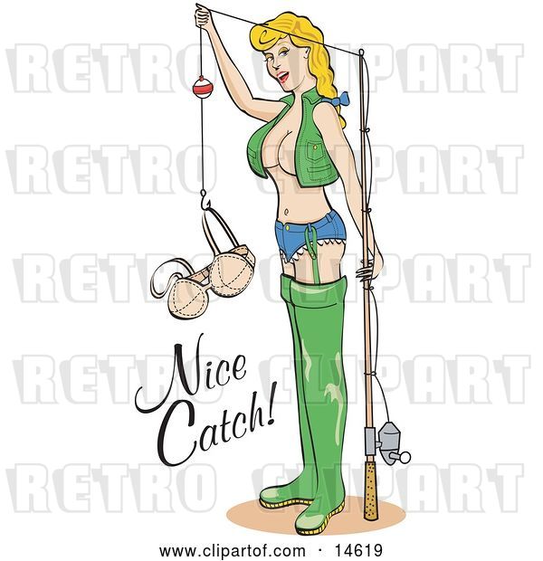 Vector Clip Art of Retro Sexy Blond Lady in Fishing Gear, Holding up Her Bra in a Hook