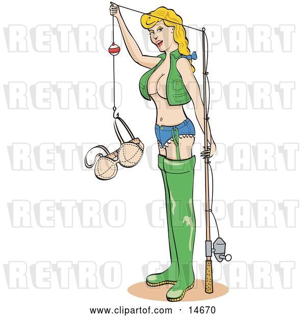 Vector Clip Art of Retro Sexy Blond Lady in Fishing Gear, Holding up Her Bra in a Hook Clipart Illustration