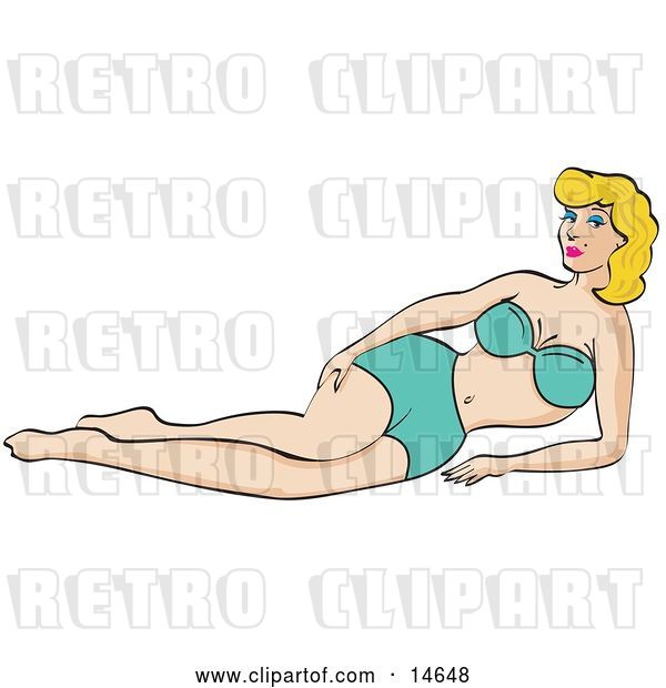 Vector Clip Art of Retro Sexy Blond Lady Wearing a Blue Bikini and Reclining on a Beach in the Summer
