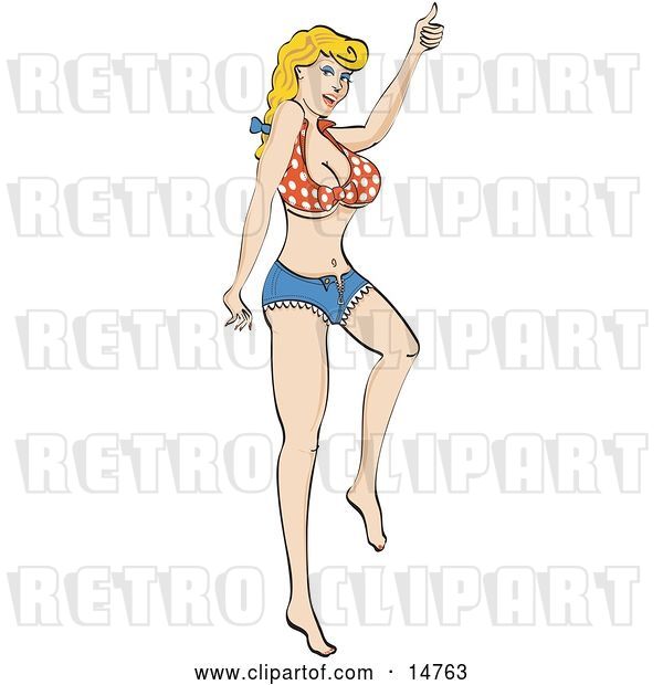 Vector Clip Art of Retro Sexy Blond Lady Wearing a Small Red and White Polka Dot Halter Top and Daisy Duke Blue Jean Shorts, Hitchhiking for a Ride