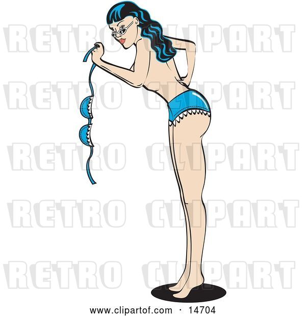 Vector Clip Art of Retro Sexy Brunette Lady in a Denim Bikini, Waving Her Top and Standing Topless Clipart Illustration