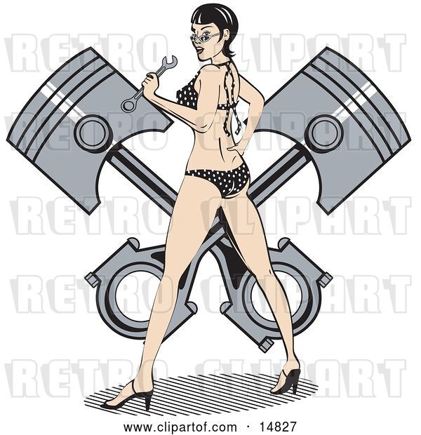 Vector Clip Art of Retro Sexy Brunette Lady in a Polka Dot Bikini and High Heels, Holding a Wrench and Looking Back While Standing in Front of a Piston