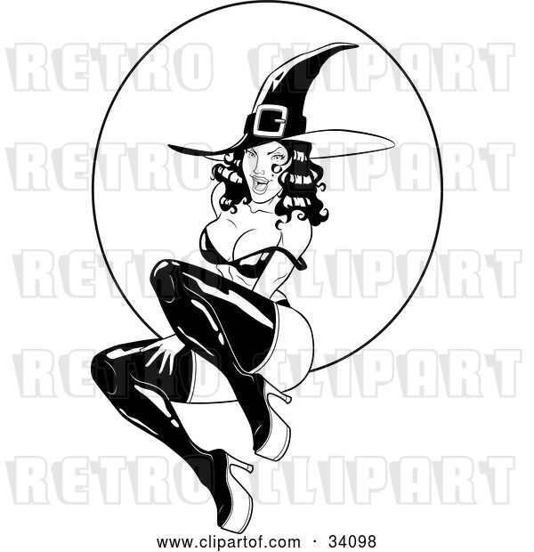 Vector Clip Art of Retro Sexy, Flirty, Young Witch in Tall Boots and a Pointy Hat, Her Bra Strap over Her Shoulder, Sitting in Front of a Full Moon