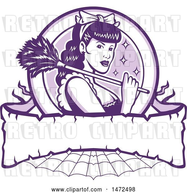 Vector Clip Art of Retro Sexy French Maid Holding a Feather Duster in a Circle over a Banner and Web
