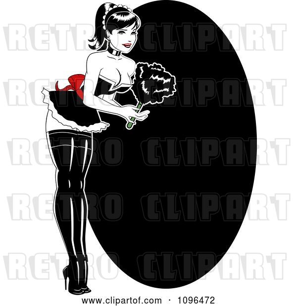 Vector Clip Art of Retro Sexy French Maid Pinup Lady Bending over and Holding a Feather Duster, over a Black Oval