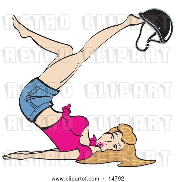 Vector Clip Art of Retro Sexy Lady with Dirty Blond Hair, Lying on Her Back and Kicking Her Legs up While Playing with a Helmet on Her Feet
