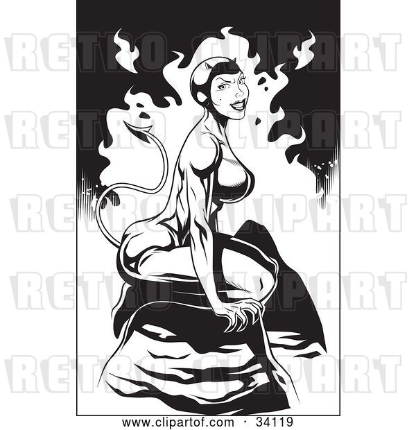 Vector Clip Art of Retro Sexy, Muscular Female She Devil Seated on a Rock in Hello, on a Flaming Background