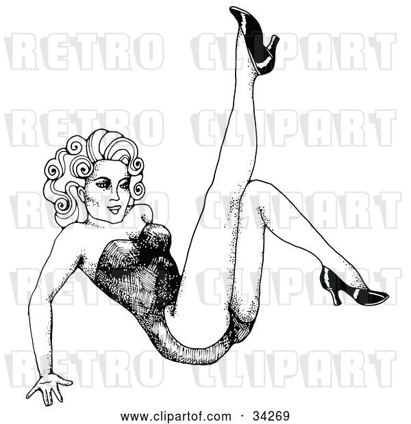 Vector Clip Art of Retro Sexy Pinup Girl Leaning Back on Her Hands, Kicking up Her Leg