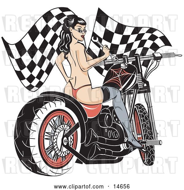 Vector Clip Art of Retro Sexy Topless Brunette Lady in a Red Thong, Stockings and Heels, Looking Back over Her Shoulder and Holding a Wrench While Sitting on a Motorcycle and Racing Flags in the Background