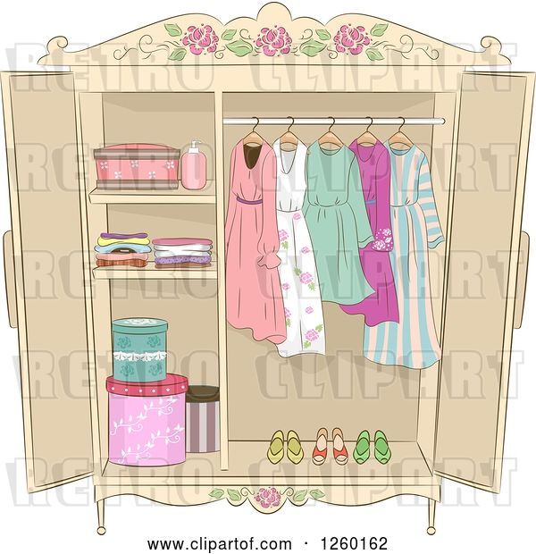 Vector Clip Art of Retro Shabby Chic Armoire with Ladies Clothing
