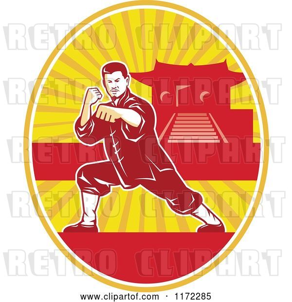 Vector Clip Art of Retro Shaolin Kung Fu Martial Artist in a Fighting Stance in an Oval with a Pagoda