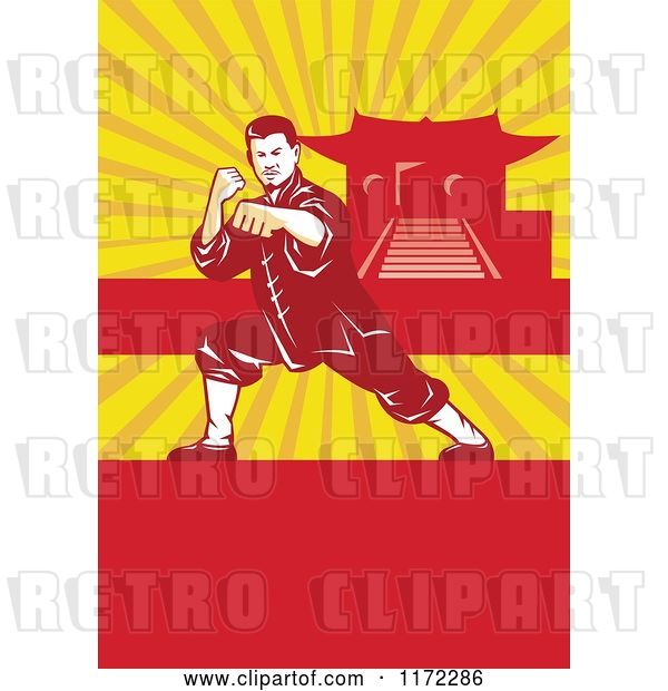 Vector Clip Art of Retro Shaolin Kung Fu Martial Artist in a Fighting Stance with Rays Copyspace and a Pagoda